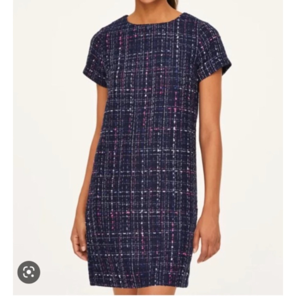 LOFT Navy Blue Boucle Tweed Shift Dress 12 L Large Short Sleeve Career